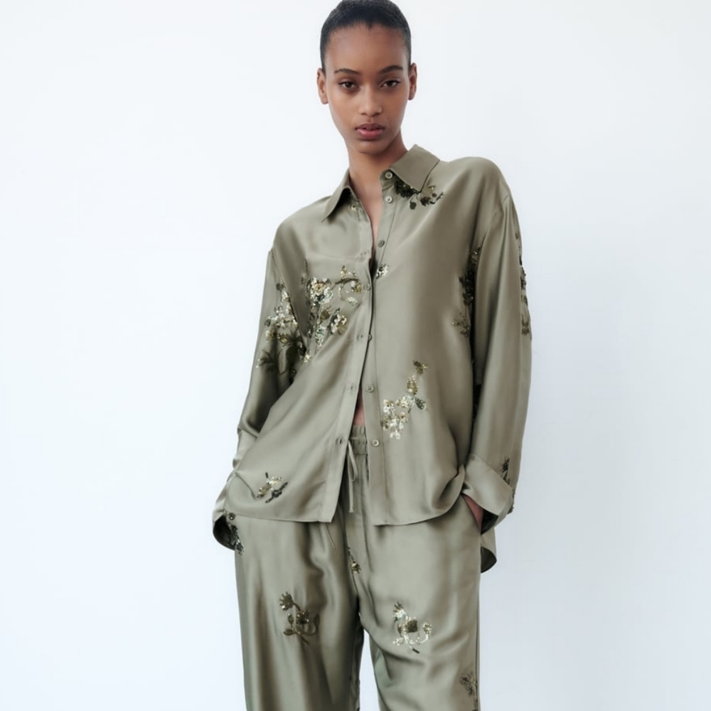 NWT ZARA WOMAN NWT SAGE GREEN SEQUIN SATIN EFFECT SHIRT Top Blouse SIZE Xs